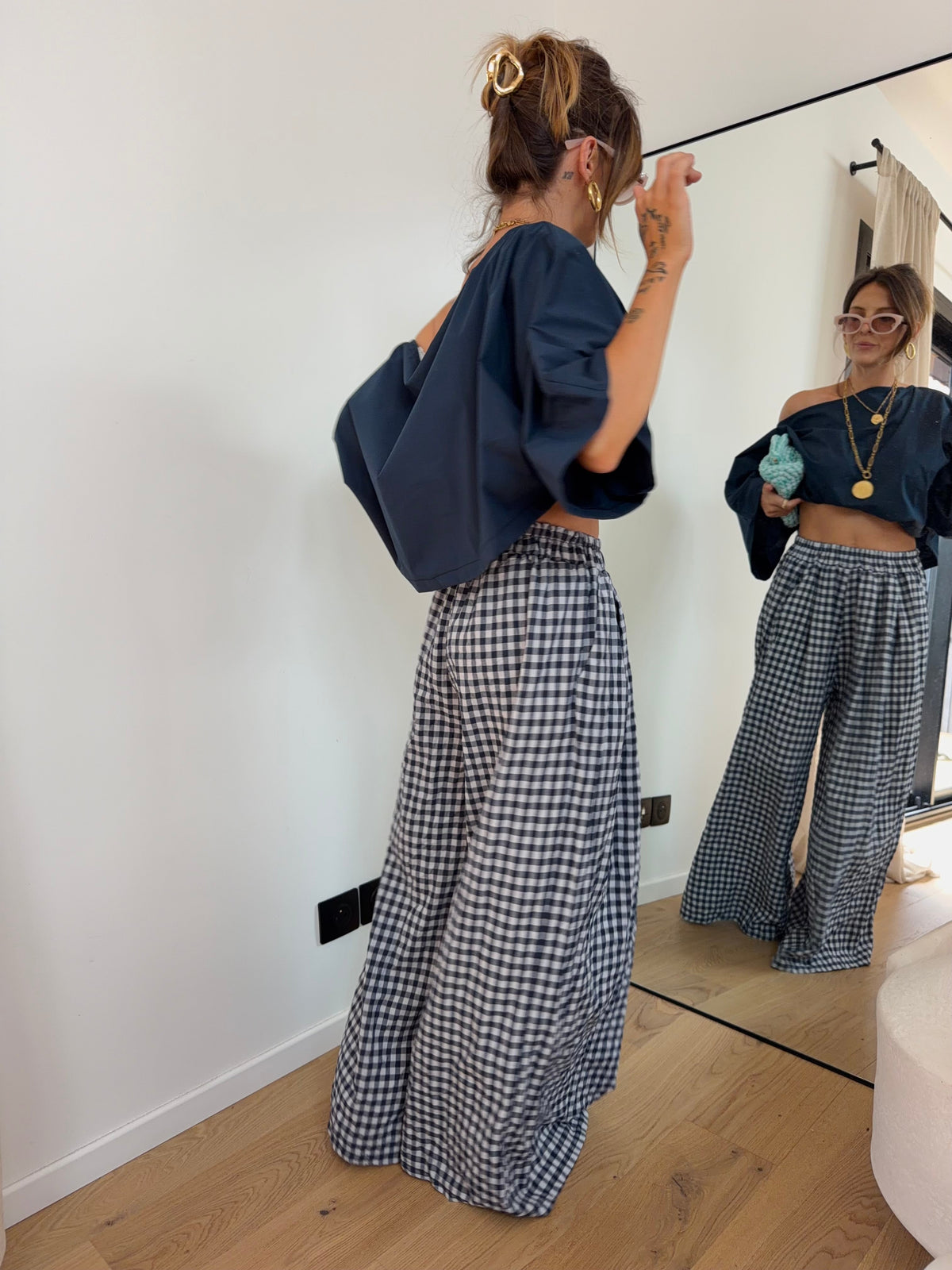 Pantalon large à carreaux - bleu marine