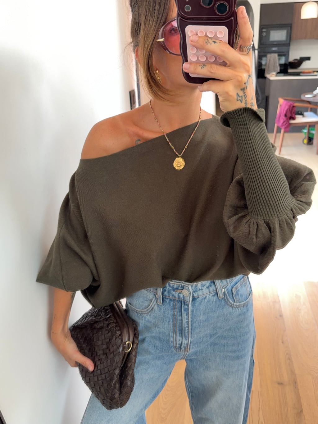 Pull asymétrique court - kaki